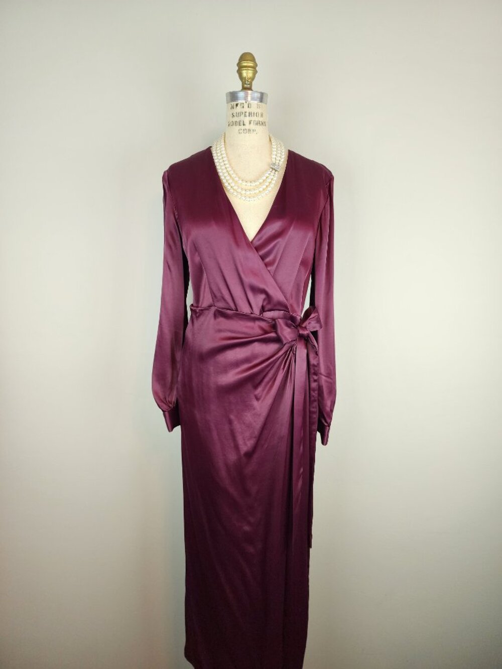 MNG Mango Burgundy Satin Bow Wrap Midi Dress NEW w/Tags Ladies Size 6/Medium